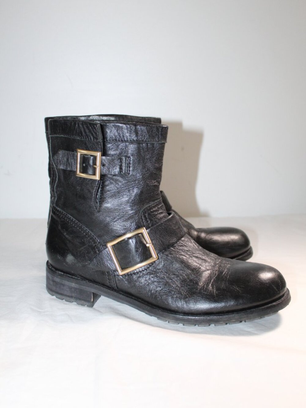 Jimmy Choo Black Leather Biker Boots Booties Double Side Buckles